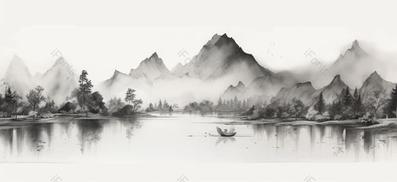 中国风云雾缭绕意境深远的沙画质感水墨山水渔船水面倒影黑白色的画,插画/手绘图,插画/手绘图库,插画/手绘图下载,插画/手绘